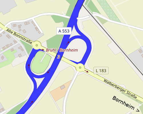 Karte Anschlussstelle Brühl Bornheim, in Richtung Bornheim fahren